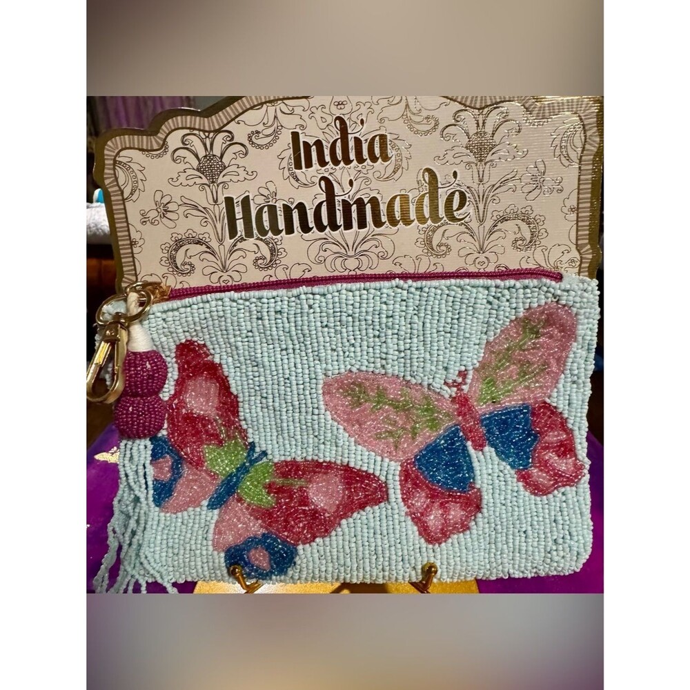 NWT India Handmade Beaded Butterfly Clutch Bag Light Blue